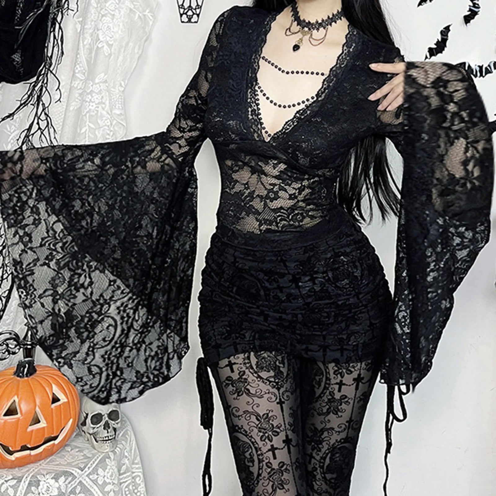 Lace Flare Sleeve Mesh Top