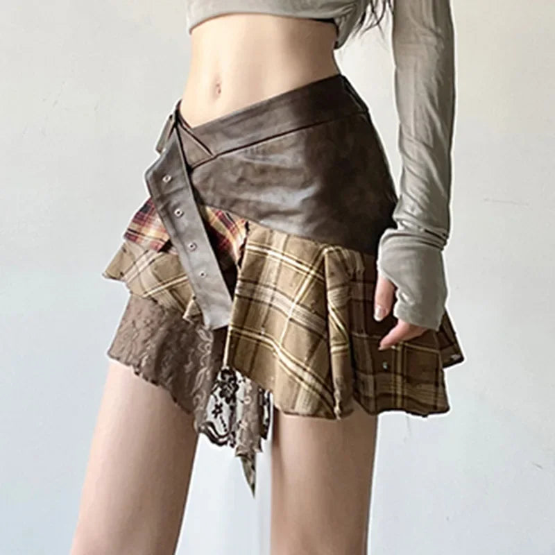 Asymmetrical Lace Stripes Plaid Skirt