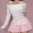Y2k Cable Knit Ribbon Tie-up Off-shoulder Knit Top