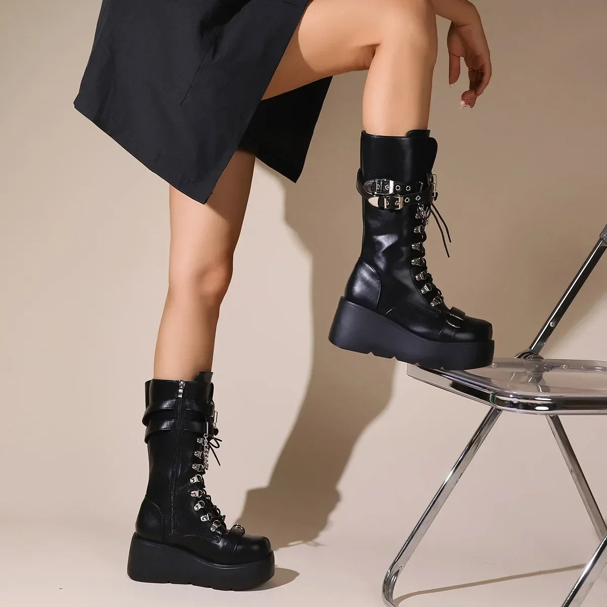Riveted Buckle Wedges Platform Punk Gothic Boot