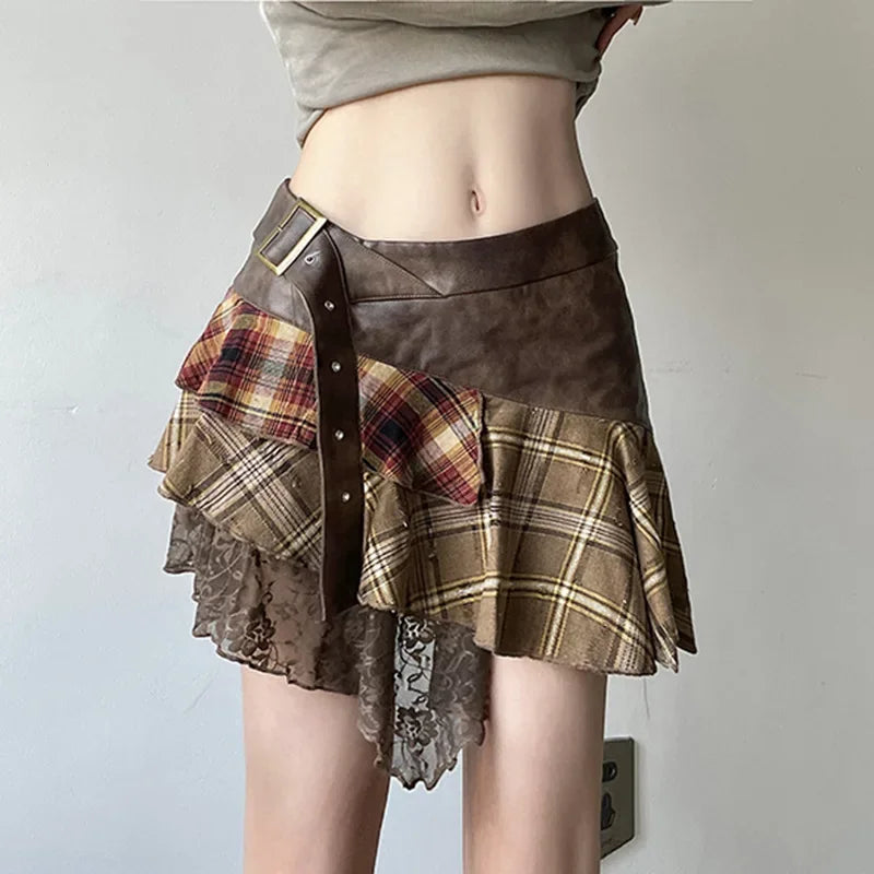 Asymmetrical Lace Stripes Plaid Skirt Main image