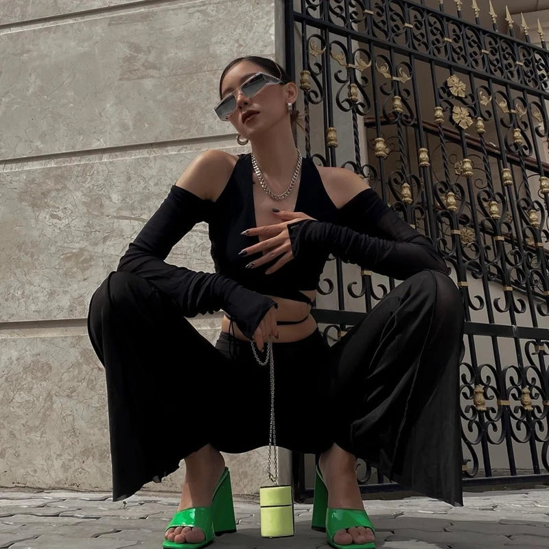 See Through Mesh V Neck Off Shoulder Crop Top Main image