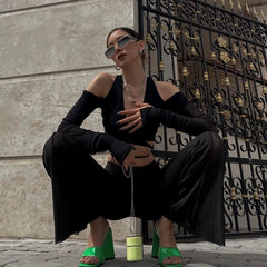 See Through Mesh V Neck Off Shoulder Crop Top