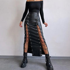 PU Leather Collage Splicing Long Skirt