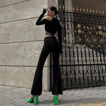 See Through Mesh V Neck Off Shoulder Crop Top