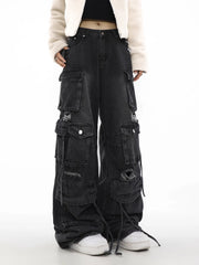 Retro Gothic Wide-Leg Black Denim Pant