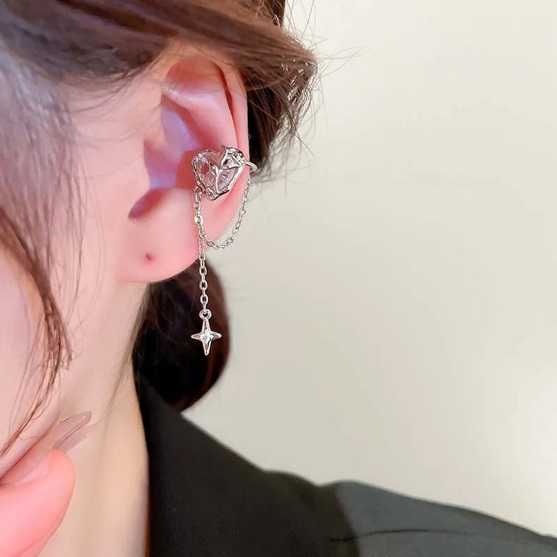 Pink Crystal Heart Star Tassel Clip Earring