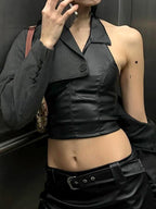Slim Fit Leather Backless Tank Crop Top