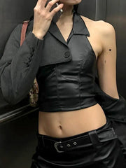 Slim Fit Leather Backless Tank Crop Top