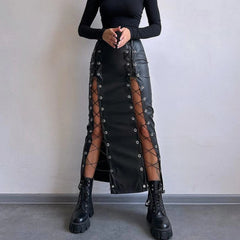 PU Leather Collage Splicing Long Skirt