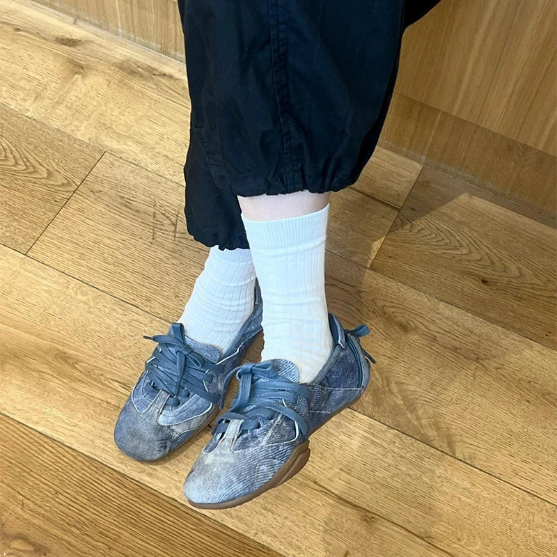 Vintage Denim Lace-Up Blue Pearl Bow Flat