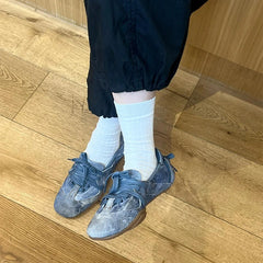 Vintage Denim Lace-Up Blue Pearl Bow Flat