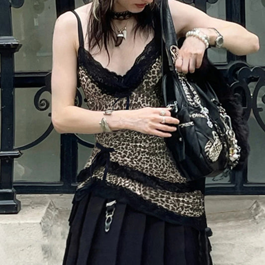 Stitching Lace Leopard Print Vintage Crop Top