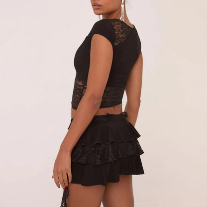 Lace Patchwork Layered Ruffle Skirt