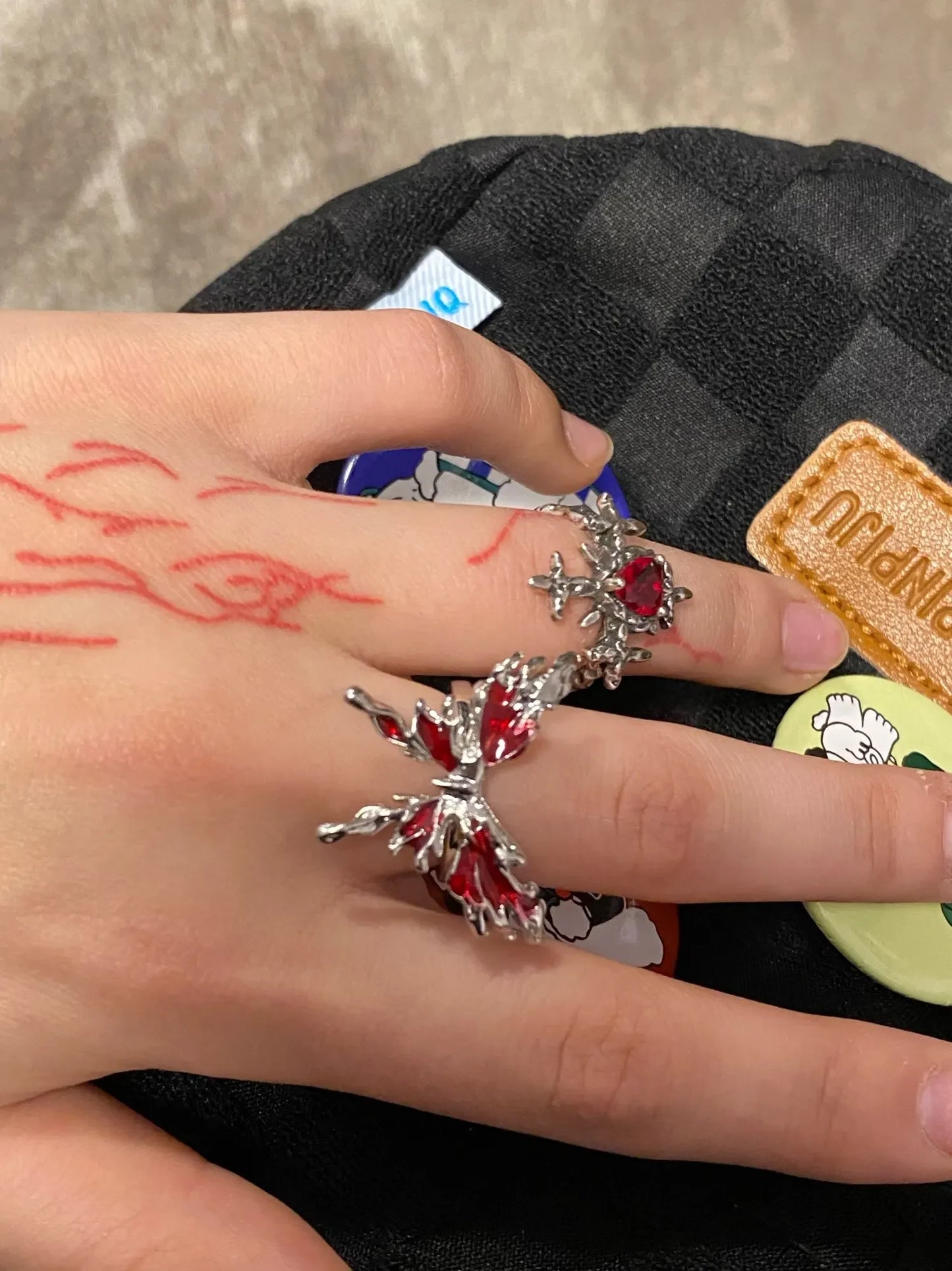 Goth Punk Red Crystal Heart Cross Ring