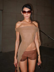 See Through Irregular Hem Ruffles Bandage Crop Top