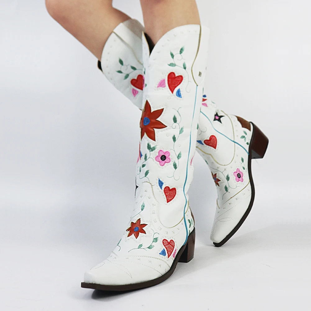 Love Heart Mid-Calf Chunky Heel Punk Western Boot