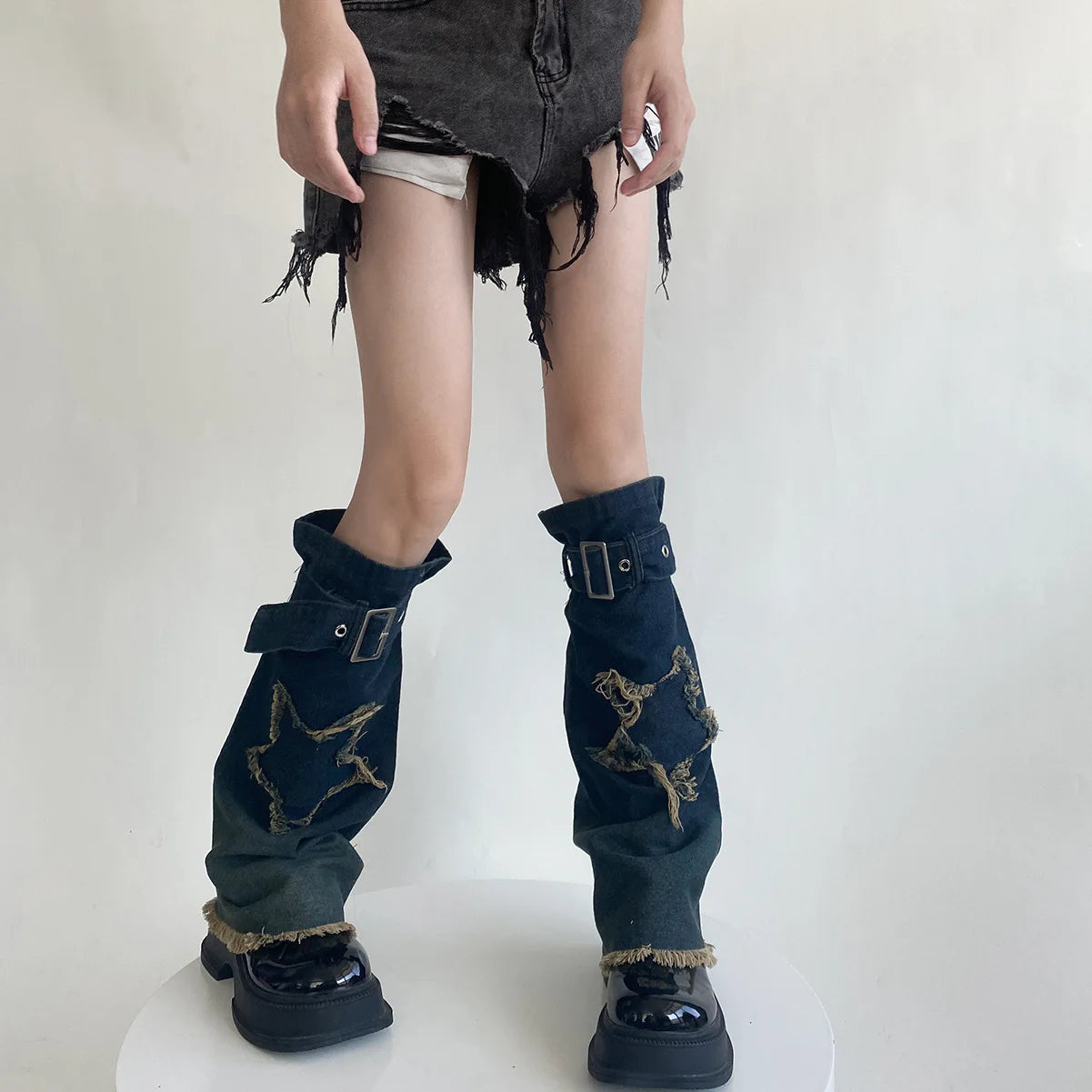 Gothic Star Strap Denim Cross Sock