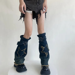 Gothic Star Strap Denim Cross Sock
