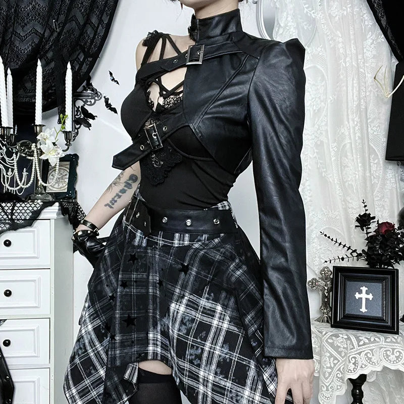 Punk One Shoulder Leather Blouse