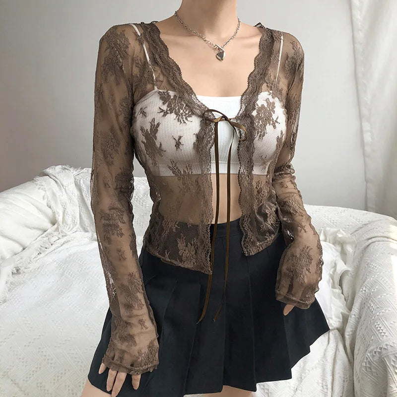 Tie Up Cropped Mesh Top