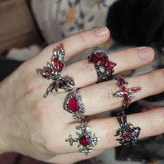 Goth Punk Red Crystal Heart Cross Ring