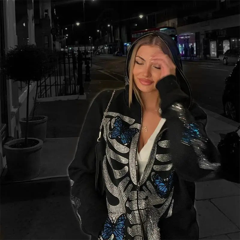 Gothic Skeleton Butterfly Zip Hoodie