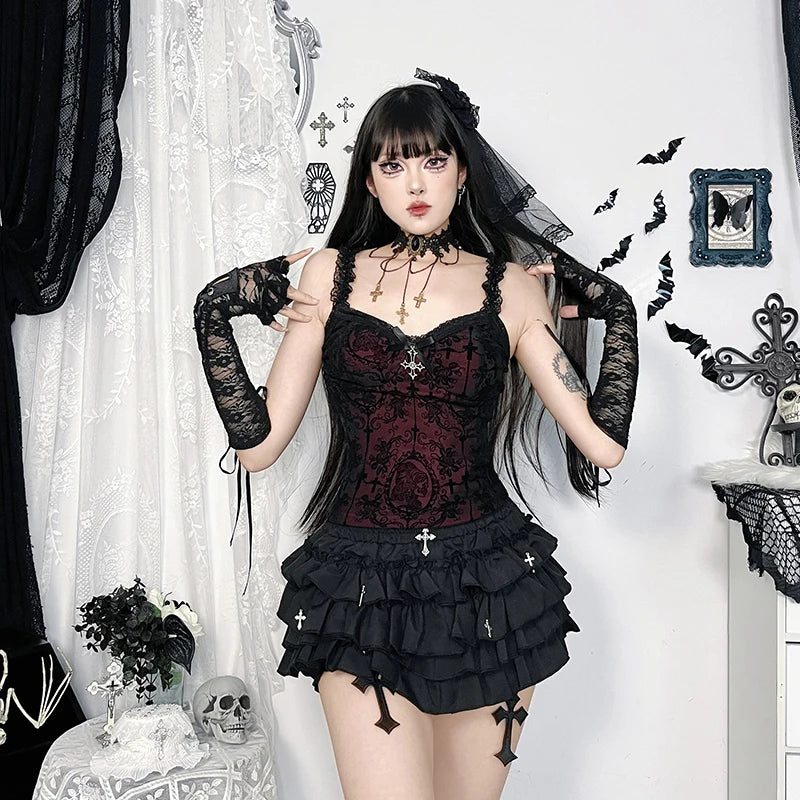 Lace Trim Backless Flocking Corset