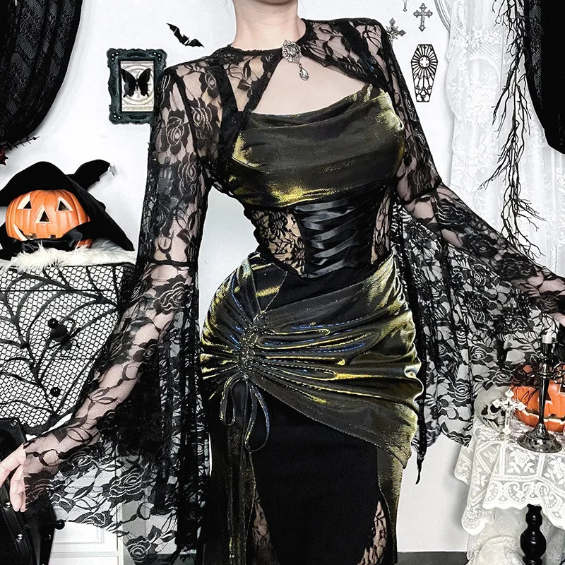 Lace Trim Flare Sleeve Mesh Top Main image