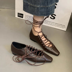 SUOJIALUN 2025 Spring Lace-Up Pointed Toe Casual Flat