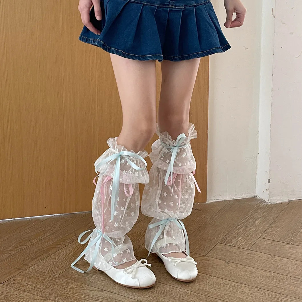 Gothic Ribbon Bow Lace Floral Sock