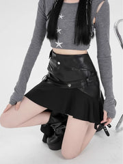 Irregular PU Leather Ruffle Skirt