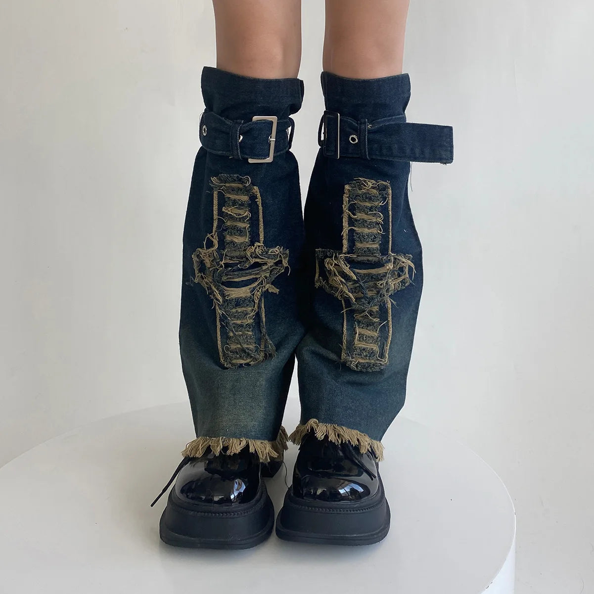 Gothic Star Strap Denim Cross Sock