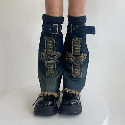 Gothic Star Strap Denim Cross Sock