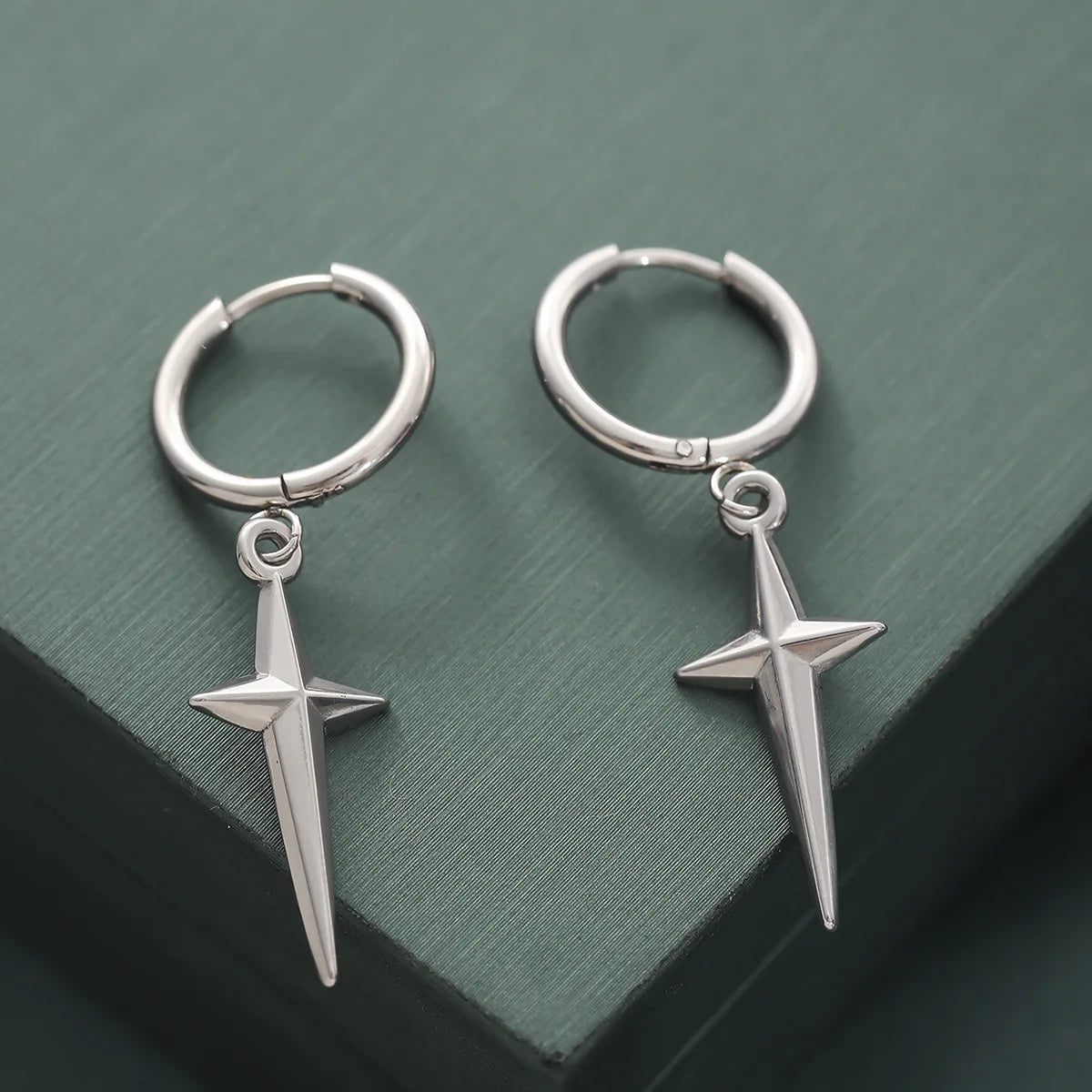 Punk Star Cross Silver Hollow Heart Earring
