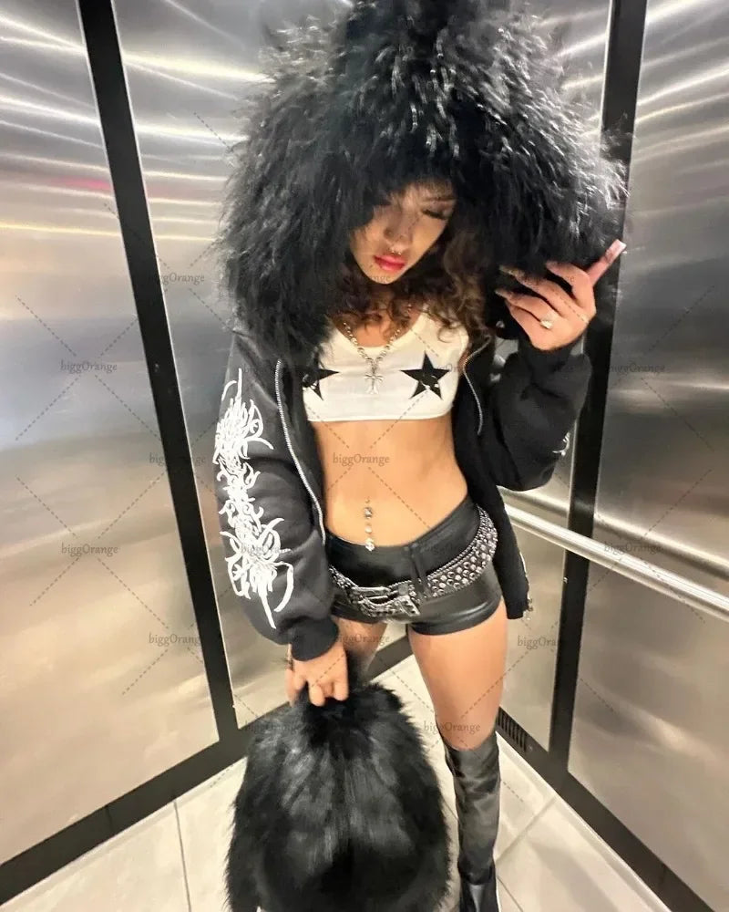 Gothic Plush Fur Zip Hoodie Main image