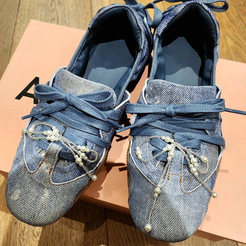 Vintage Denim Lace-Up Blue Pearl Bow Flat Main image