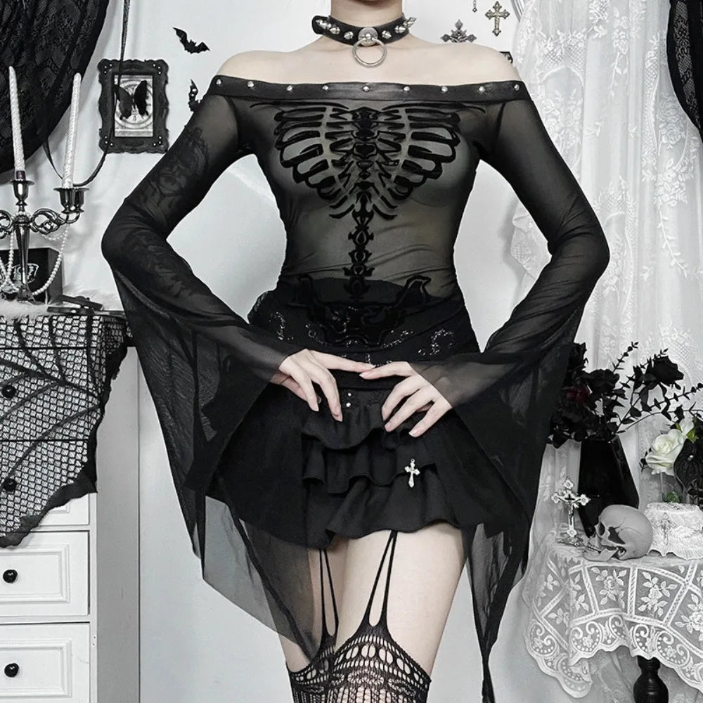 Flocked Skull Print Bell Sleeve  Mesh Top Secondary image