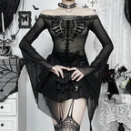 Flocked Skull Print Bell Sleeve  Mesh Top