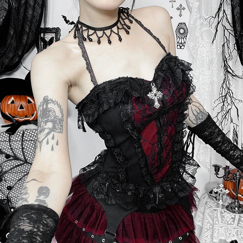 Goth Lace Trim Backless Crop Top