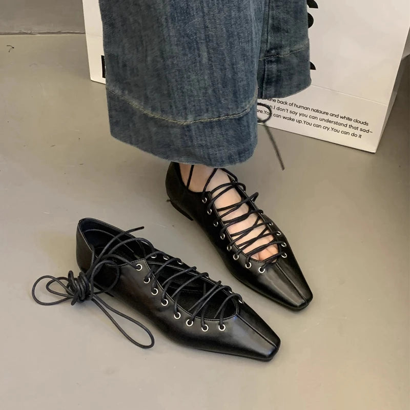 SUOJIALUN 2025 Spring Lace-Up Pointed Toe Casual Flat