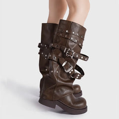 Vintage Rivet Belt Buckle Gothic Knee-High Boot