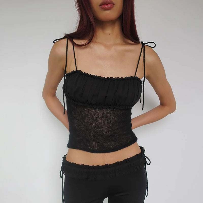 Slim Fit Mesh Perspective Pleated Tank Crop Top