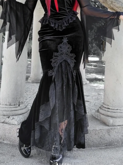Velvet Lace Patchwork Trumpet Skirt