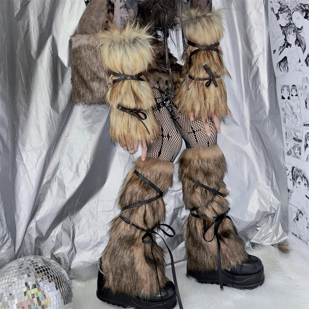 Gothic Strappy Faux Fur Winter Sock