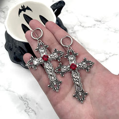Gothic Silver Jewel Cross Wedding Statement Earring