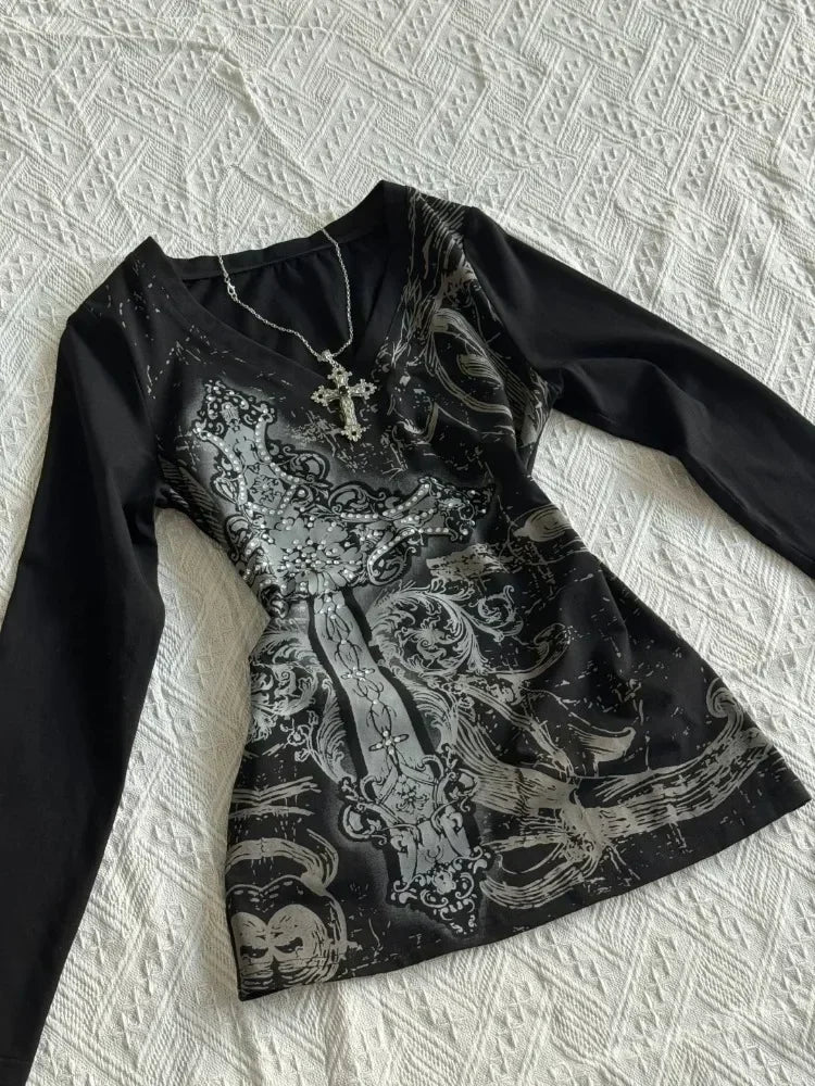 Gothic V-neck Graphic Cotton T-shirt