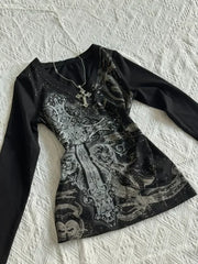 Gothic V-neck Graphic Cotton T-shirt