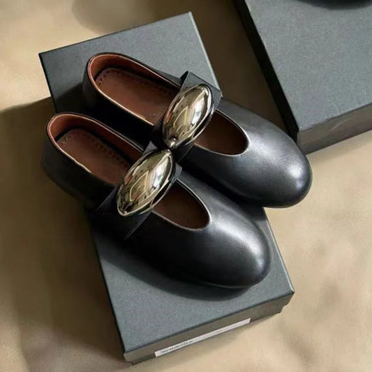 Round Toe Flat Bottomed Mary Jane Leather Oversized Buckle Flat