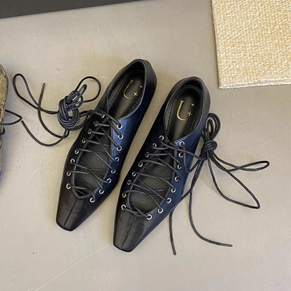 SUOJIALUN 2025 Spring Lace-Up Pointed Toe Casual Flat